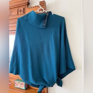 Chico's Teal Knit Cotton-Mix Poncho with Snap-Collar Black Accent